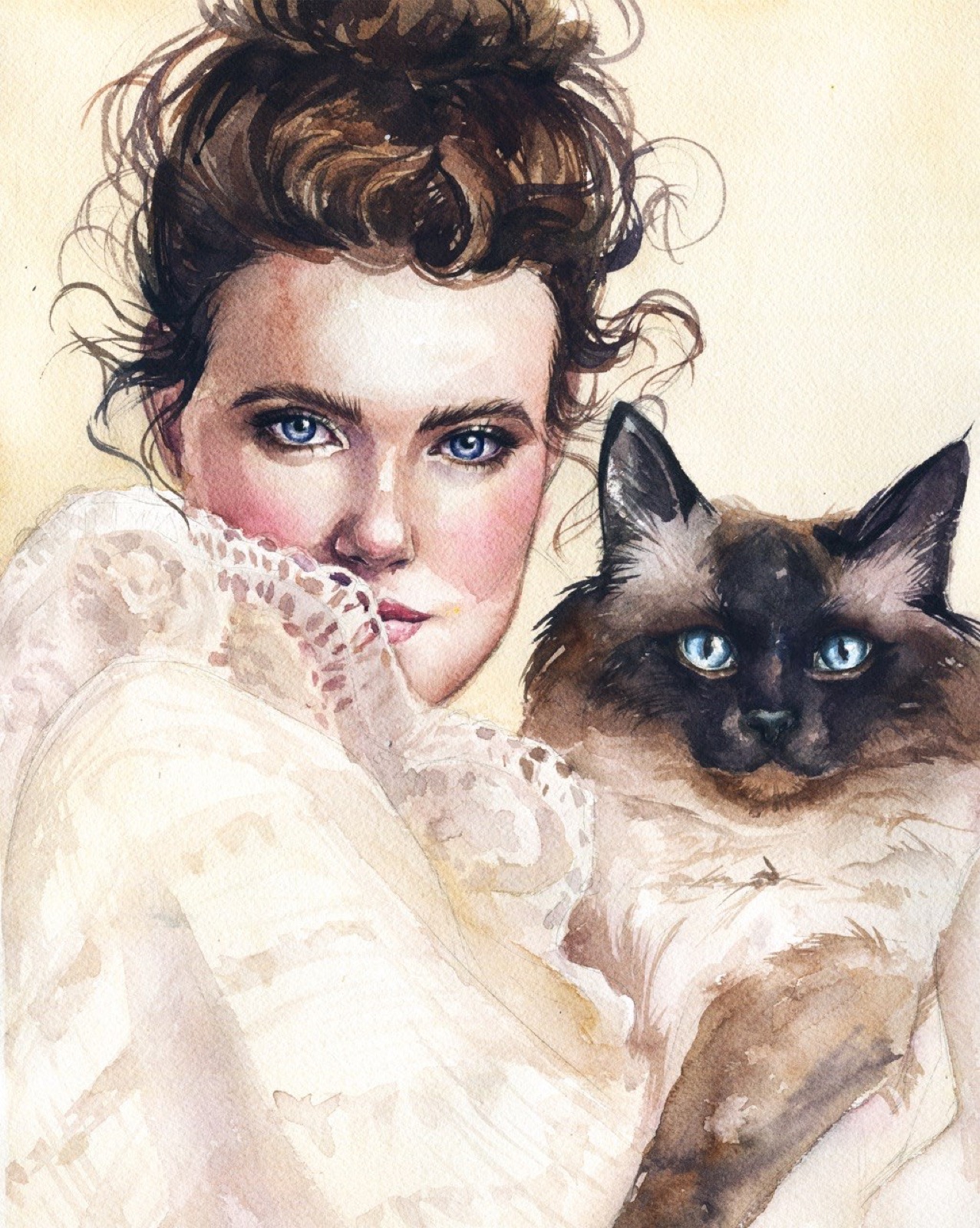 Watercolor portrait of a woman with blue eyes holding a blue-eyed Siamese cat
